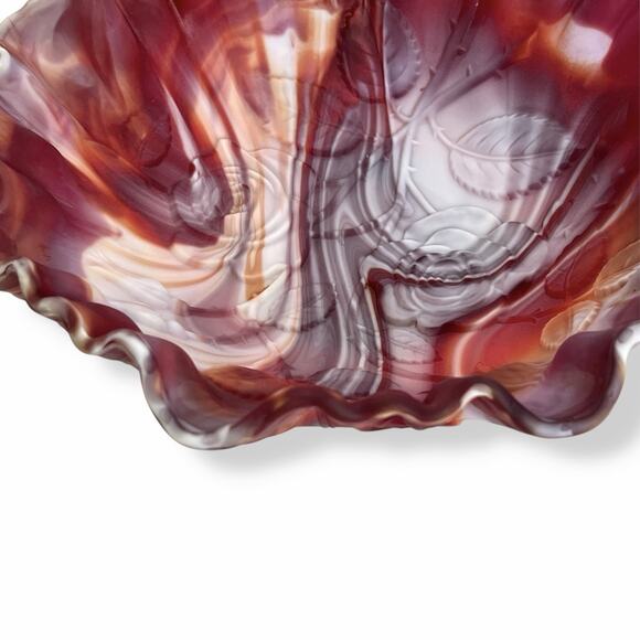 Imperial Glass Red Slag Bowl Crimped Edge Roses Marbled Swirl Colors 60s Vtg 9" - Picture 15 of 16